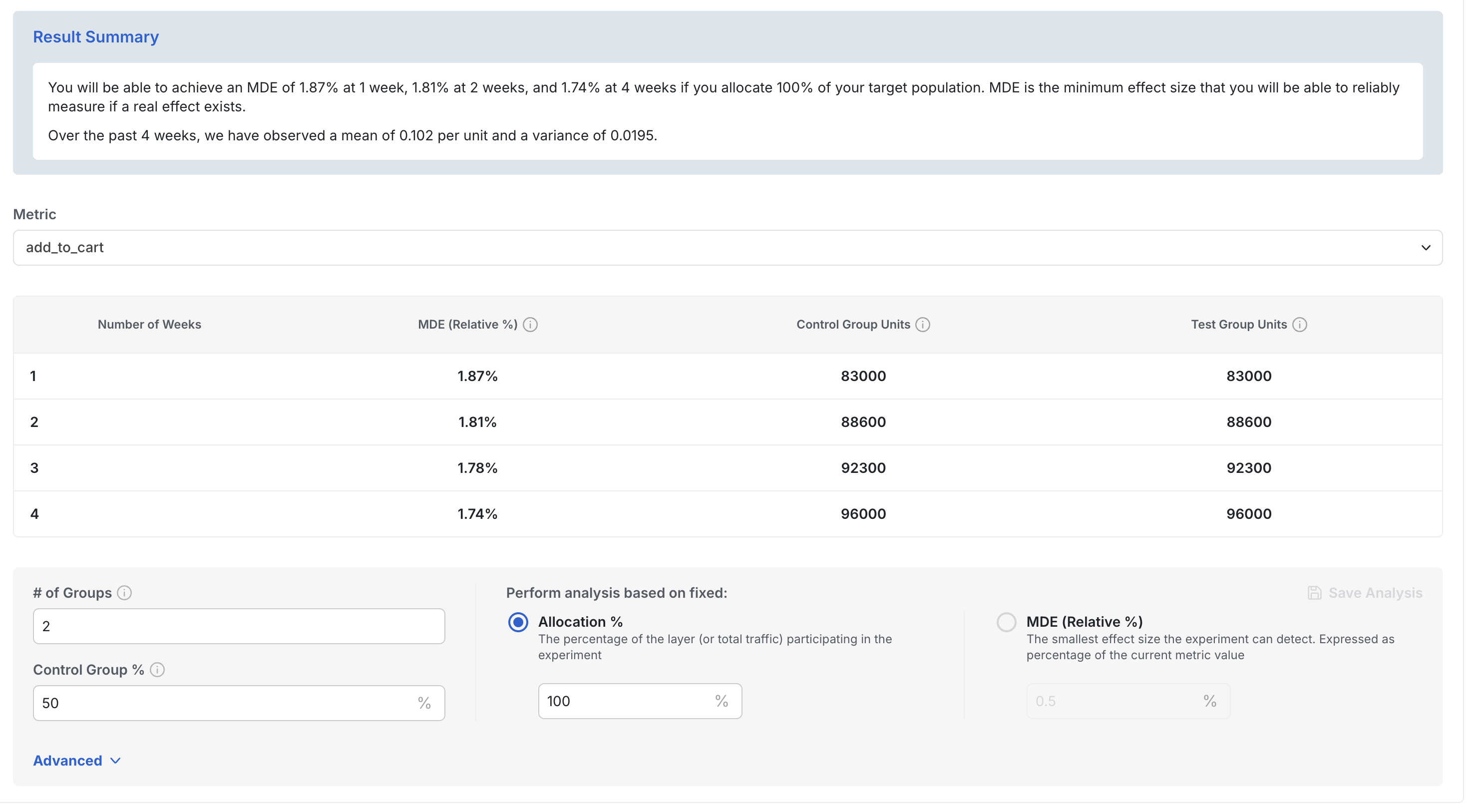 Power analysis results showing adjustable parameters