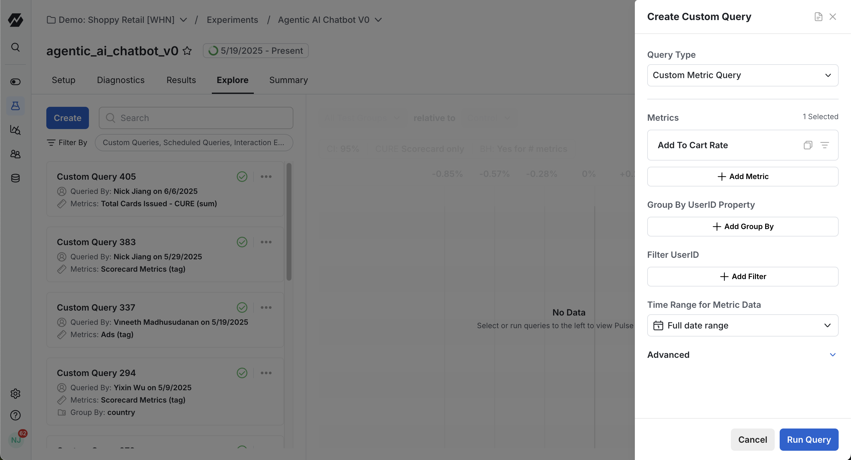 Custom query definition form showing selected metrics and filters