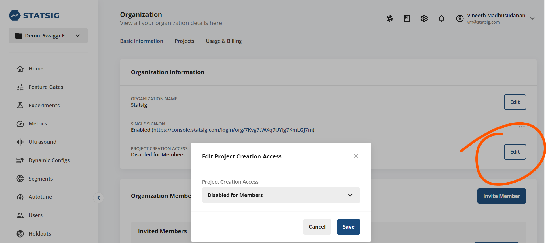 Project access restriction settings