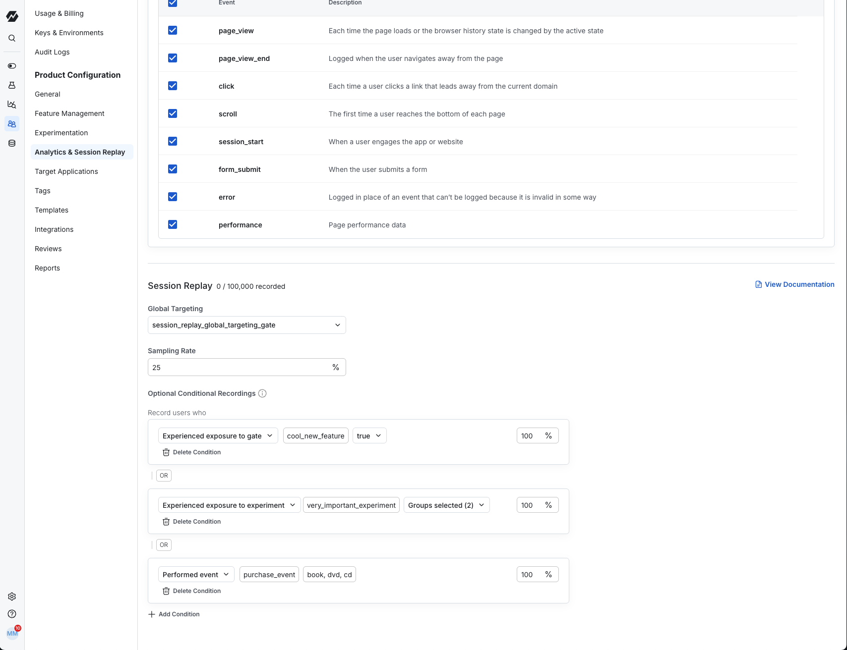 Session replay settings panel with targeting and sampling controls