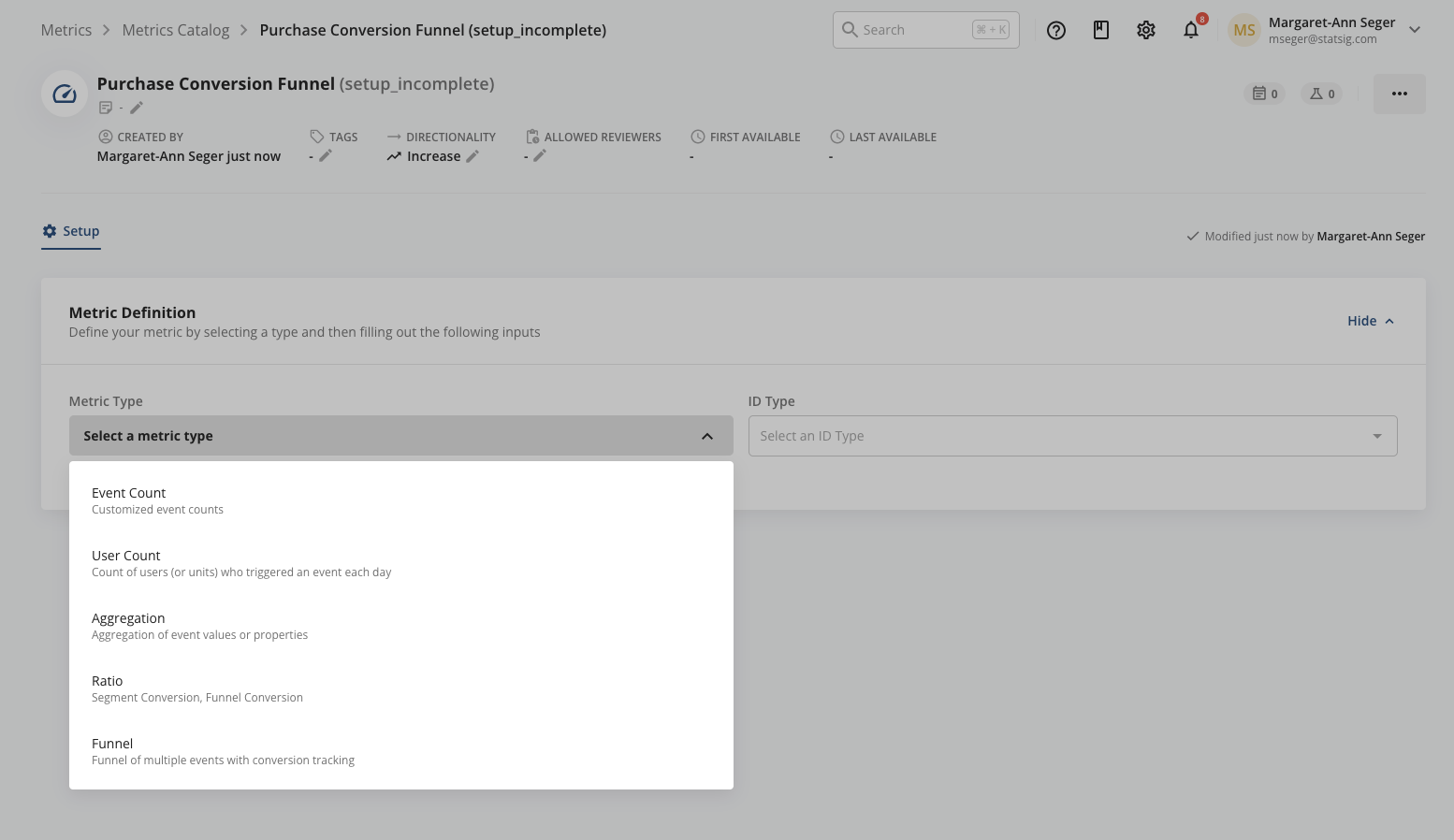 Funnel metric creation wizard