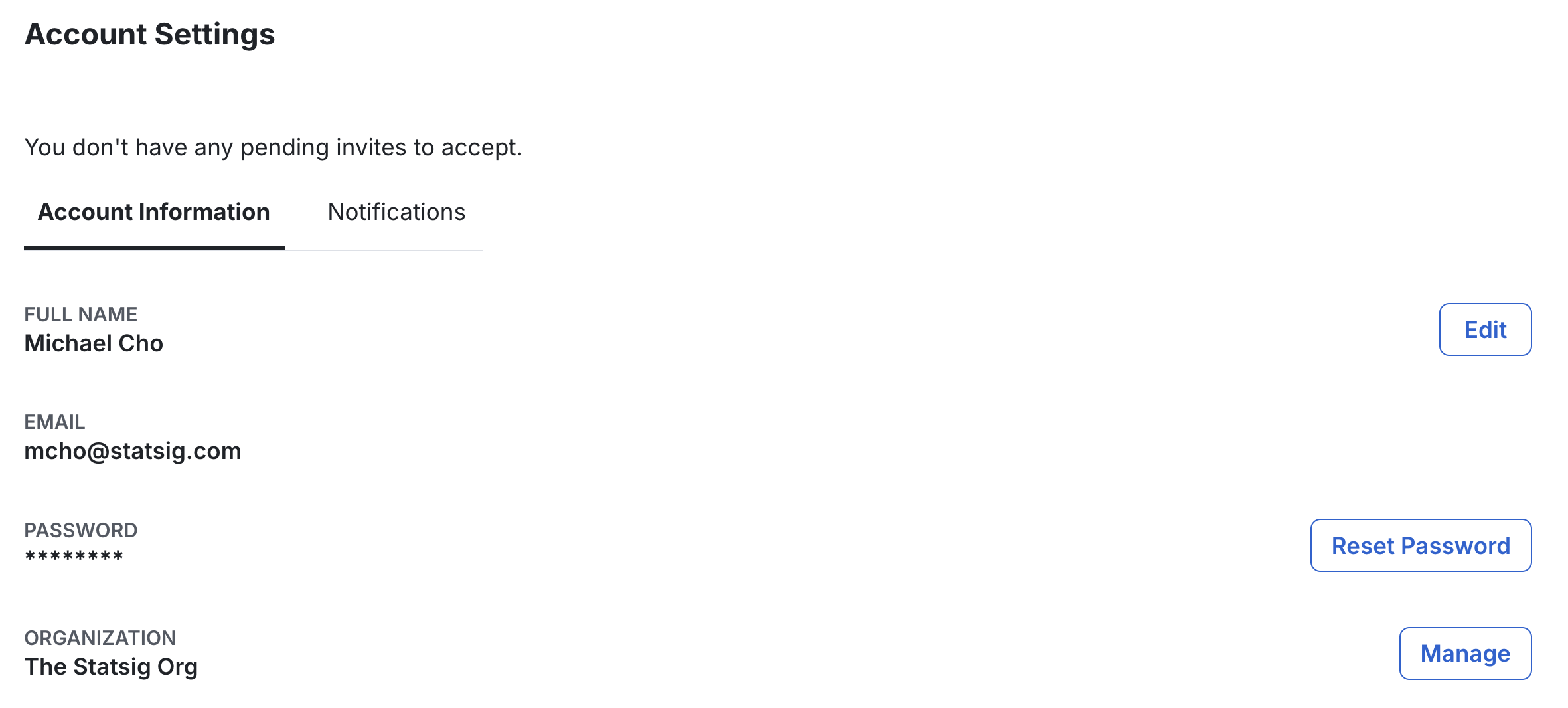 Account Settings organization management interface