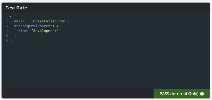 Test gate console showing a passing internal user example