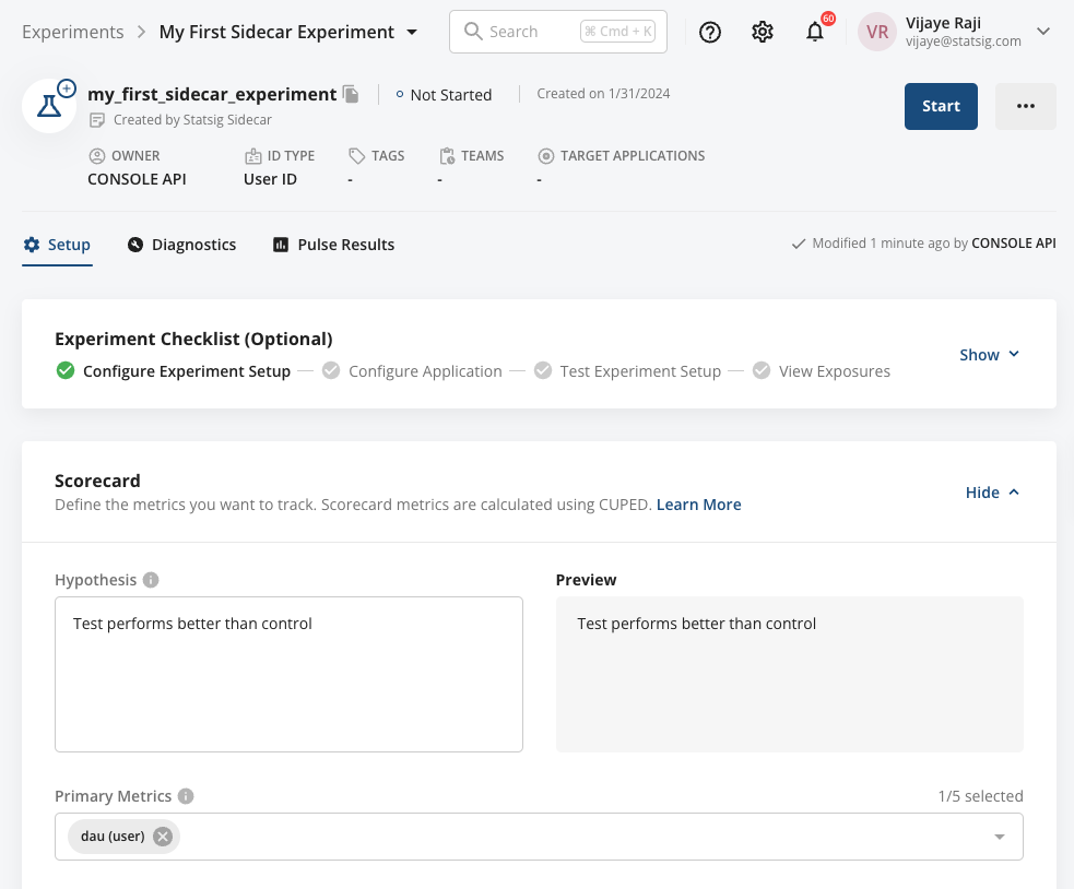Statsig experiment setup tab with checklist and scorecard fields