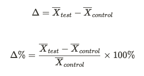 Equation for treatment effect delta between test and control