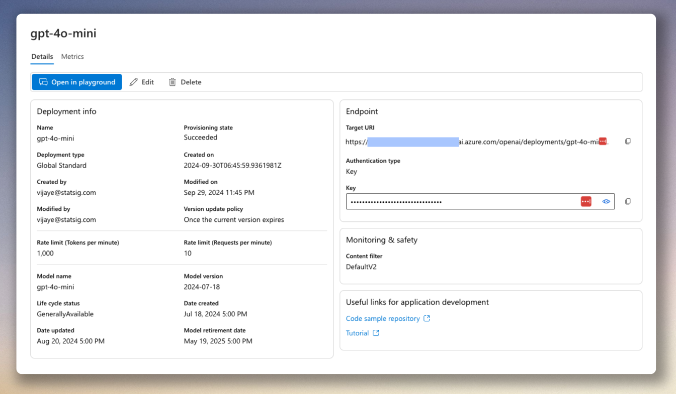 Azure AI model deployment details page