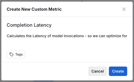 Metrics catalog creation interface