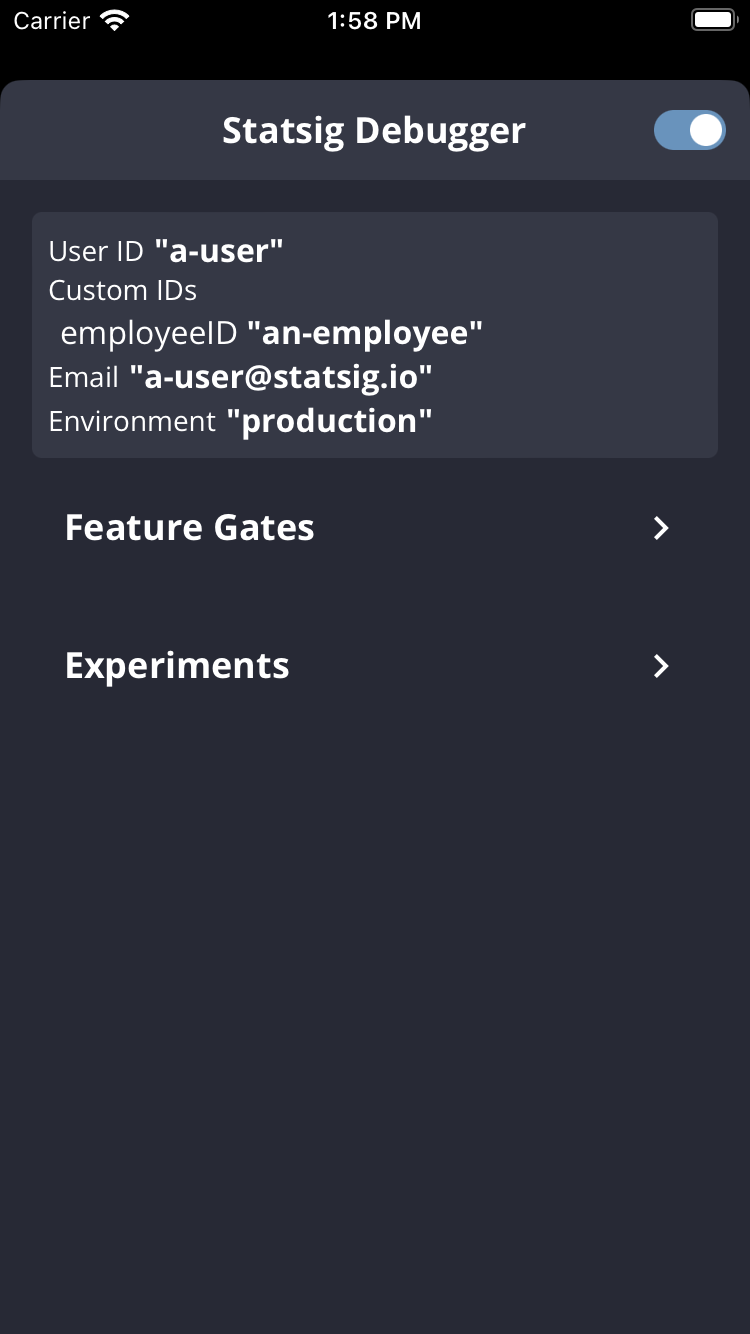 Client debugger landing view