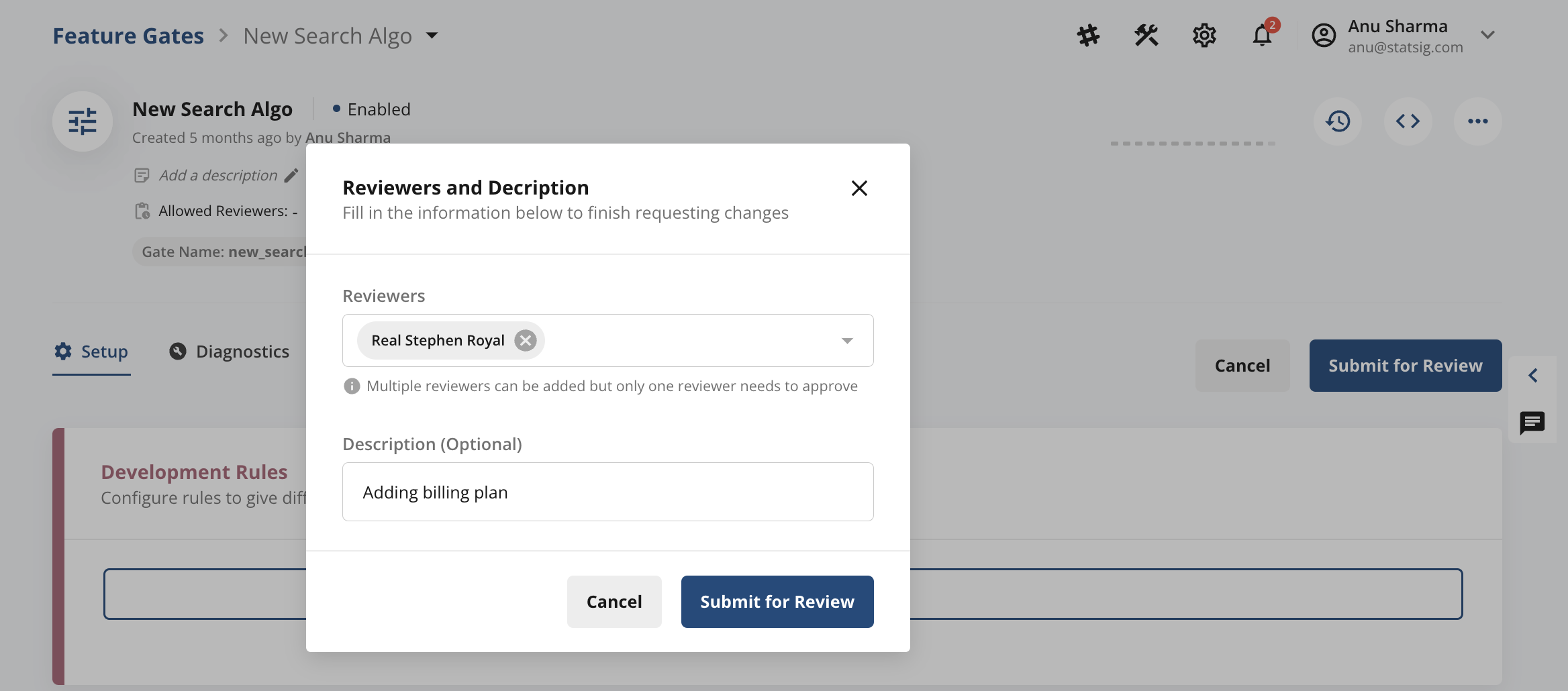 Submit for Review modal prompting for reviewer selection