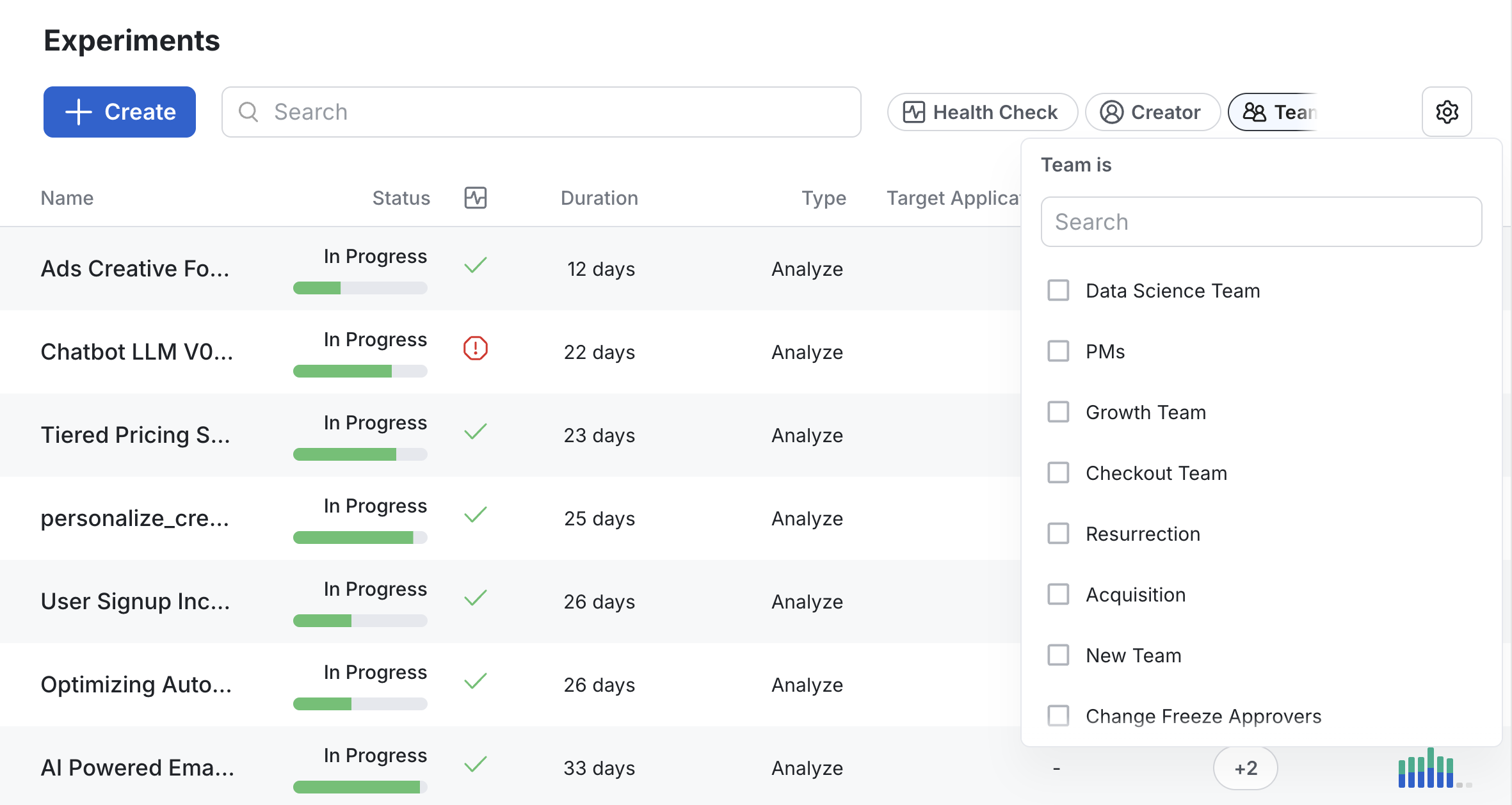 Team filter in experiments