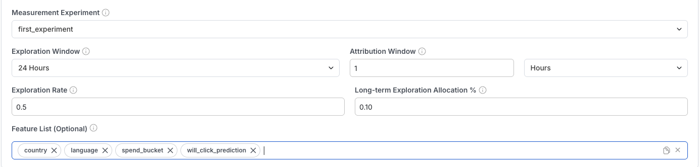Training settings configuration showing exploration and attribution options