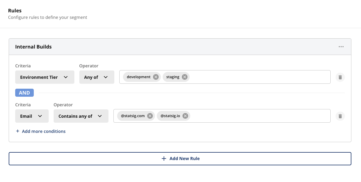 Segment rules summary showing environment tier and email conditions combined