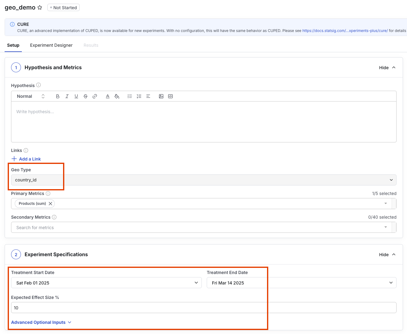 Geotest experiment setup configuration screen