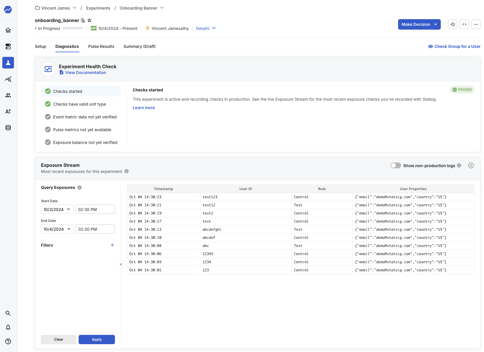 Experiment Diagnostics