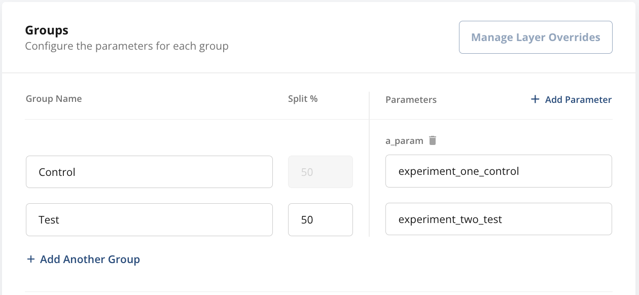 Experiment parameter table comparing control and test values for a_param