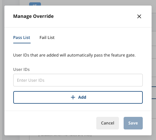 Manage overrides dialog showing pass and fail lists