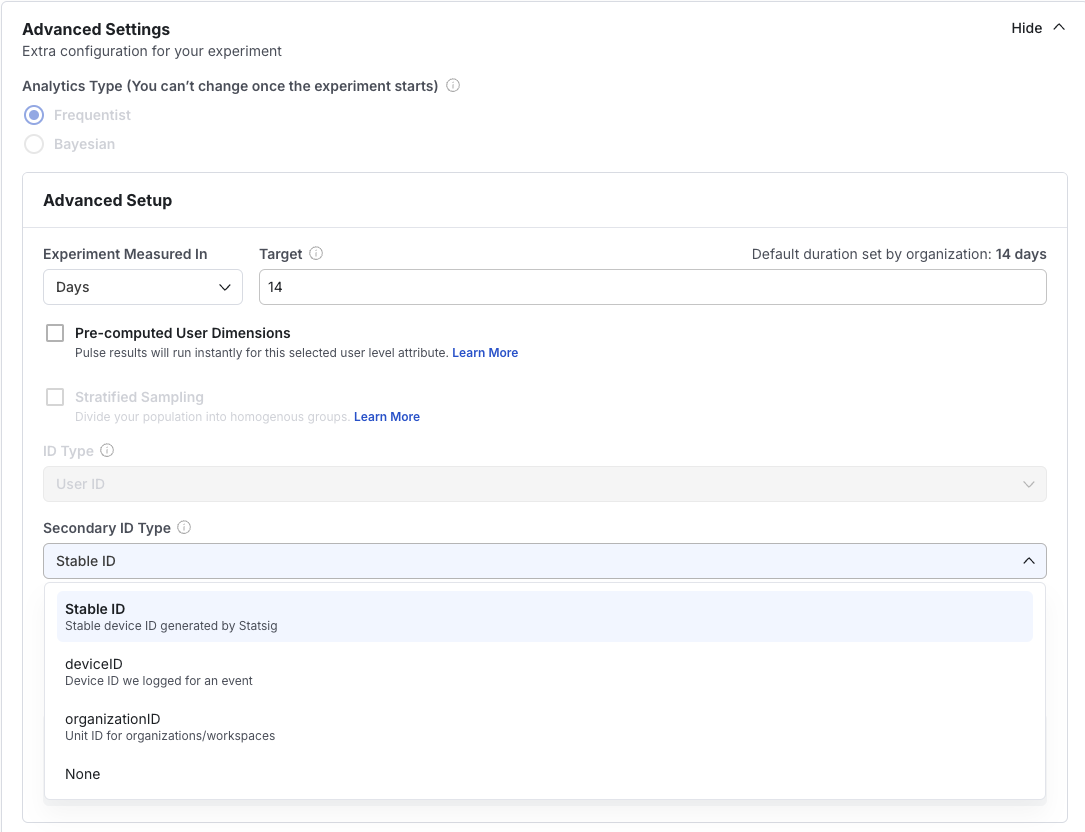 Experiment setup advanced settings selecting secondary ID