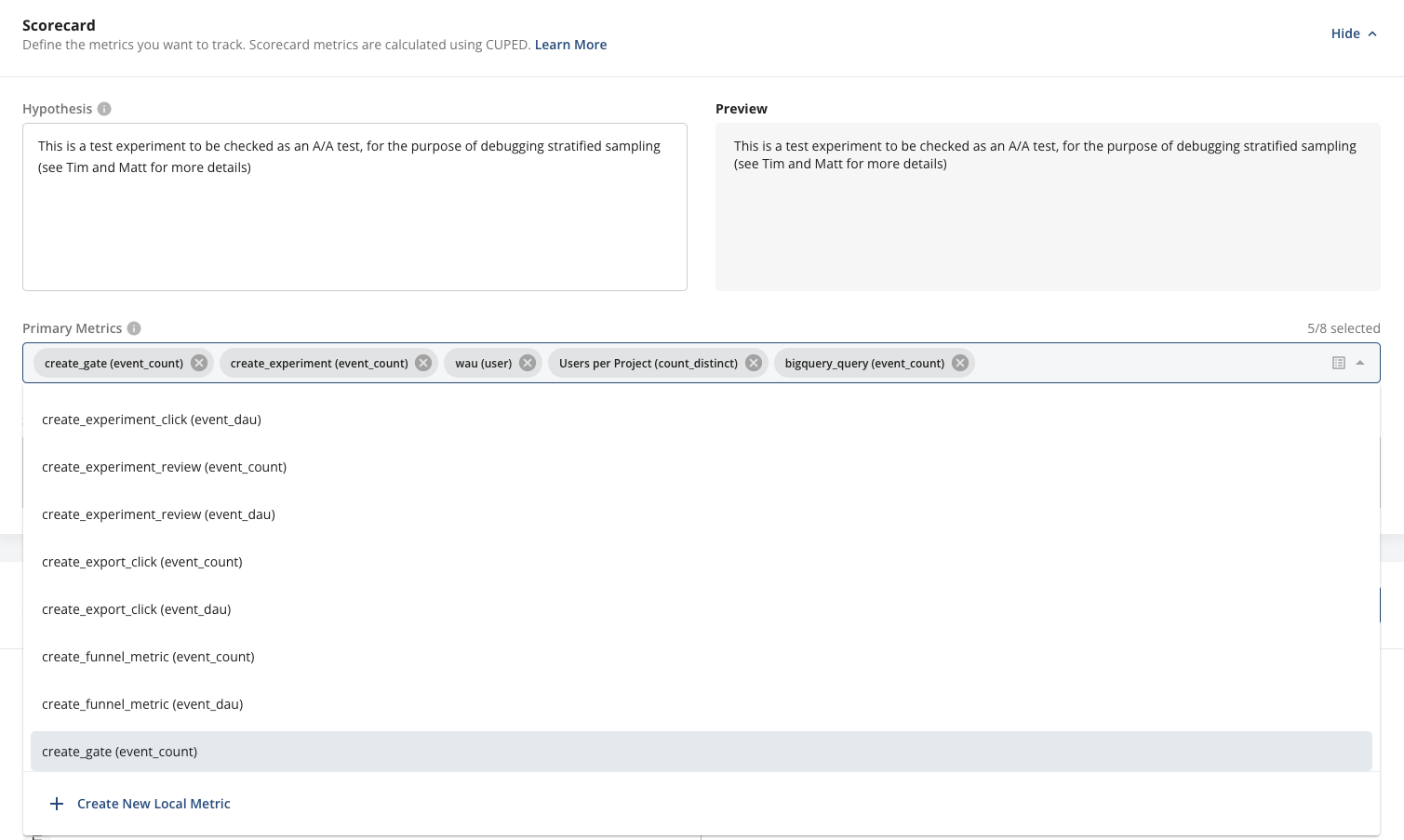 Setup tab showing + Create New Local Metric button