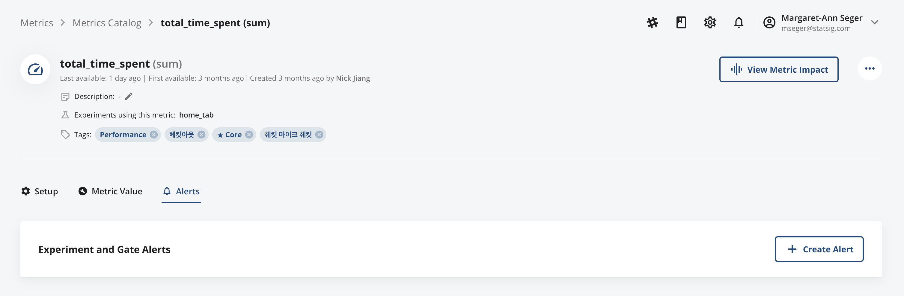 Metrics catalog entry showing alert configuration option