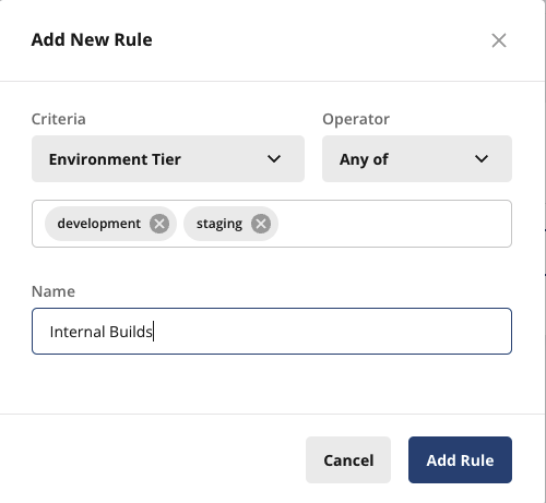 Add new rule dialog targeting environment tiers development and staging