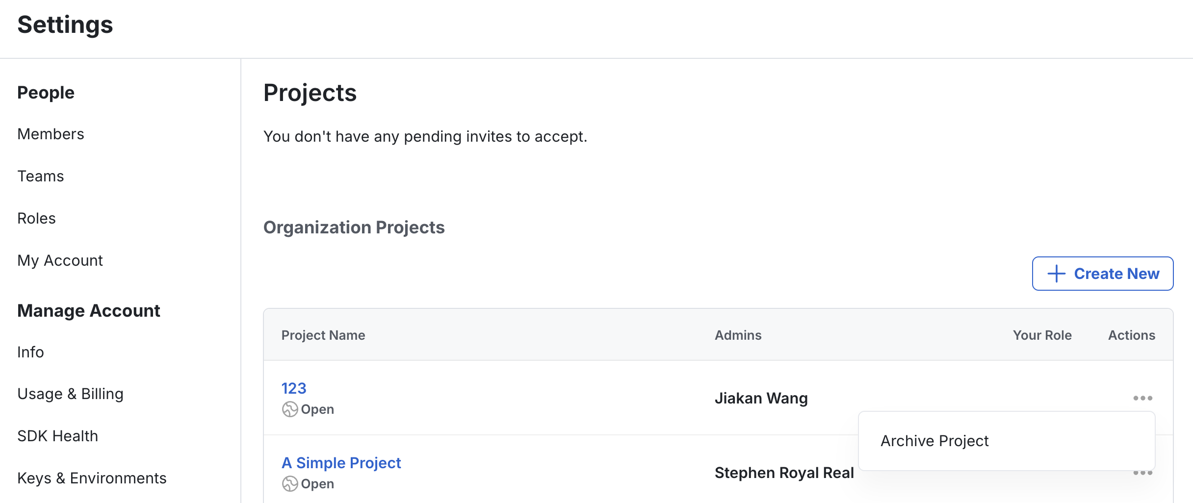 Organization project administration interface