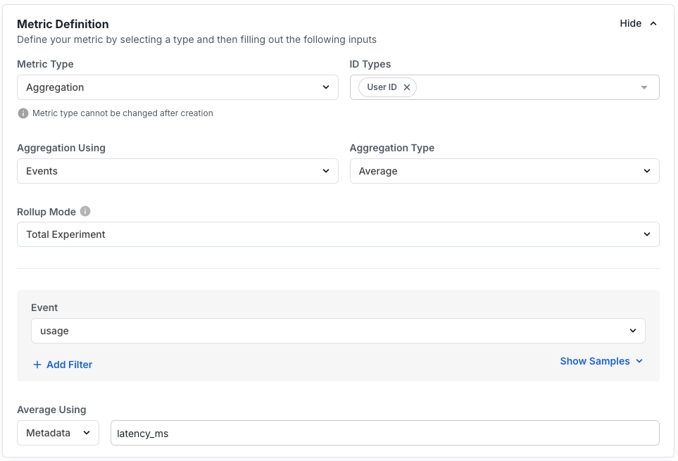Latency metric configuration screen