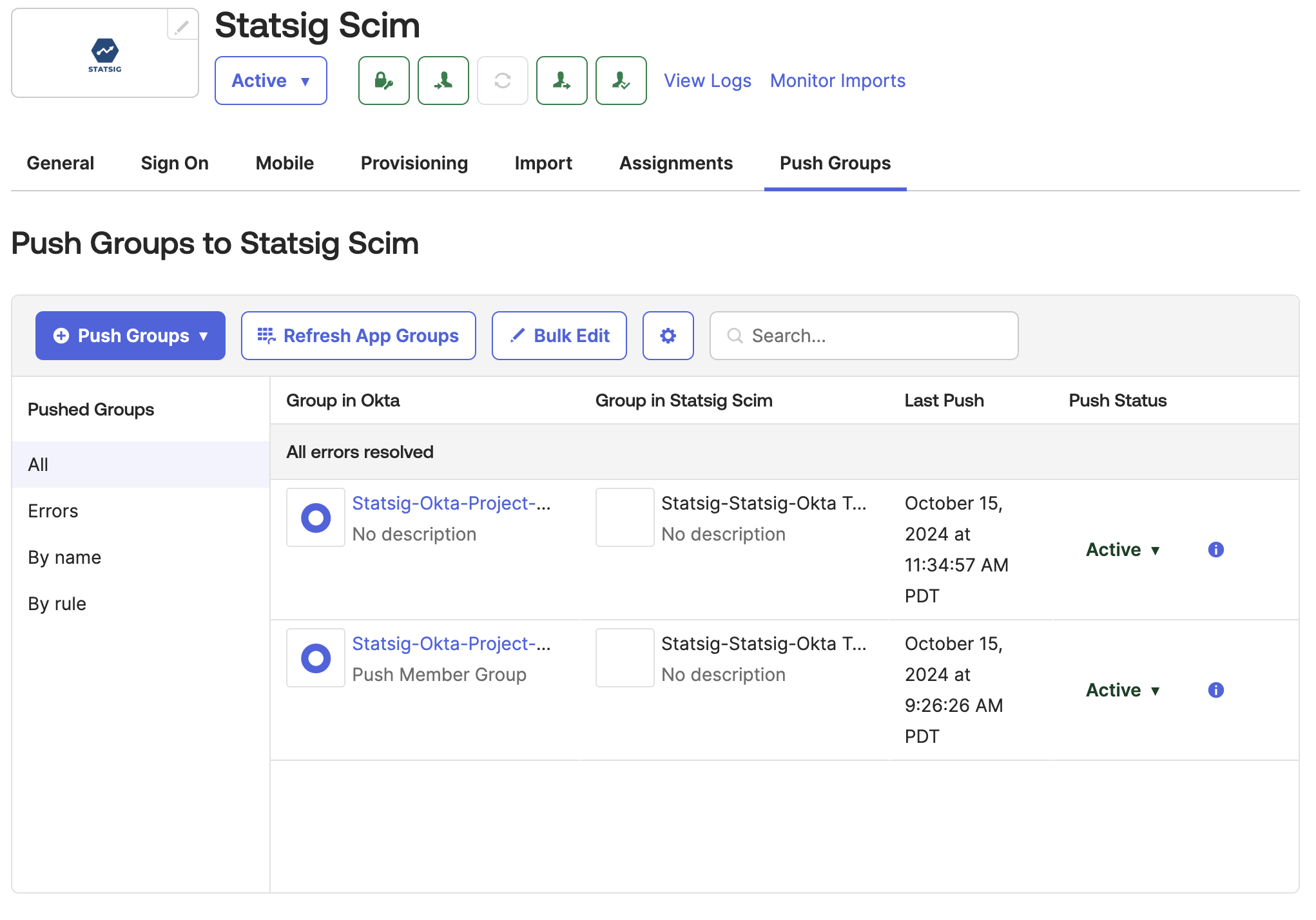 Push Groups tab in Okta Statsig integration