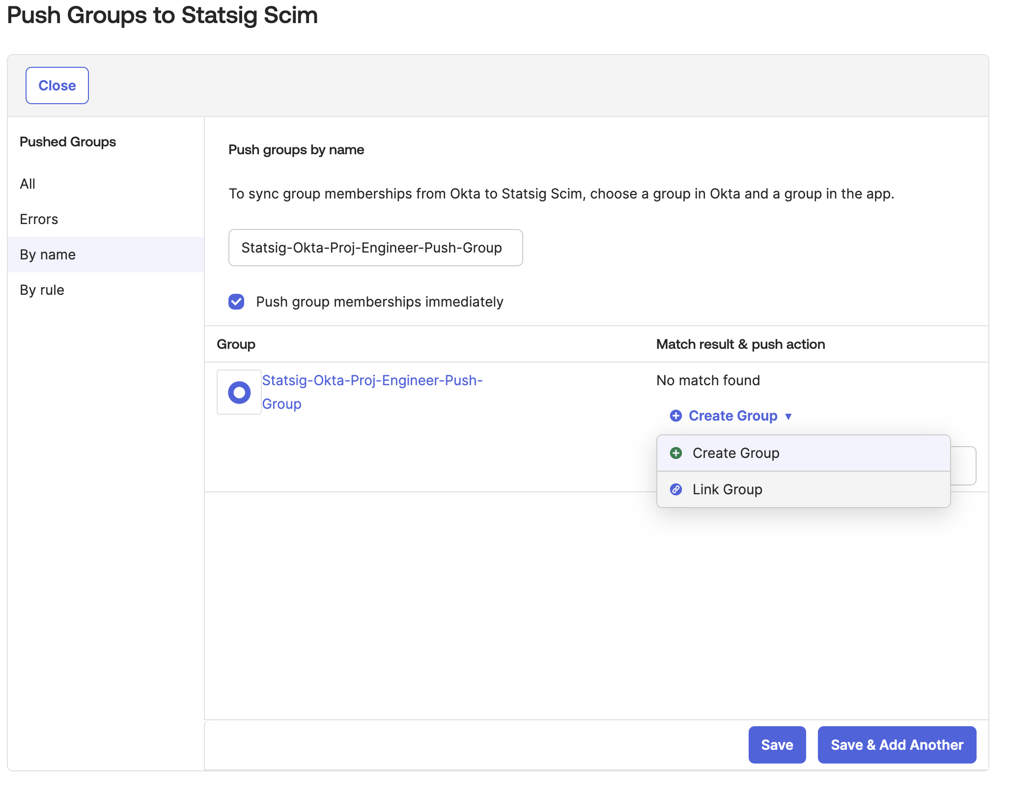 Push group configuration selecting Link group action