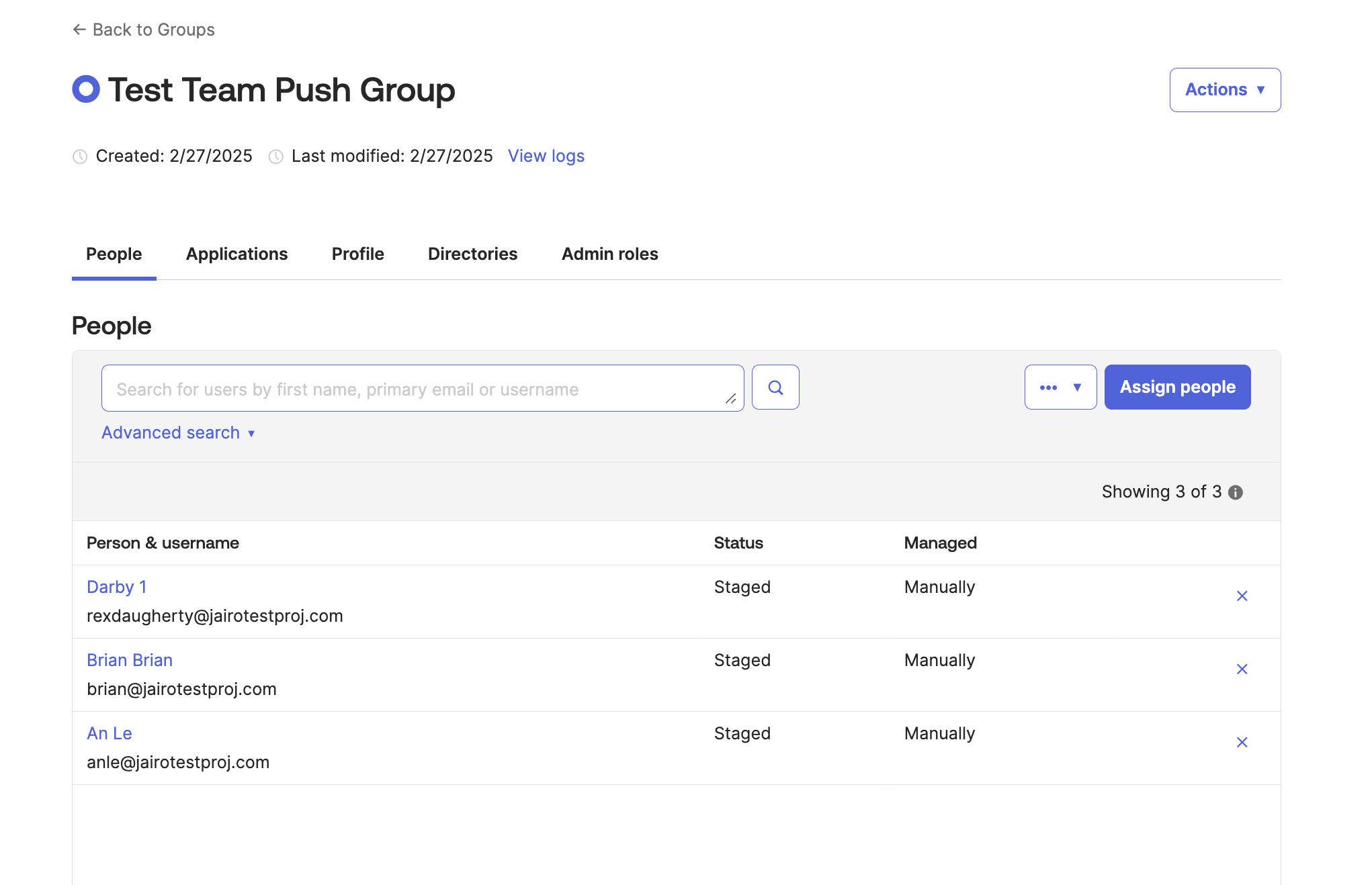 Okta group creation screen for mapping Statsig team members