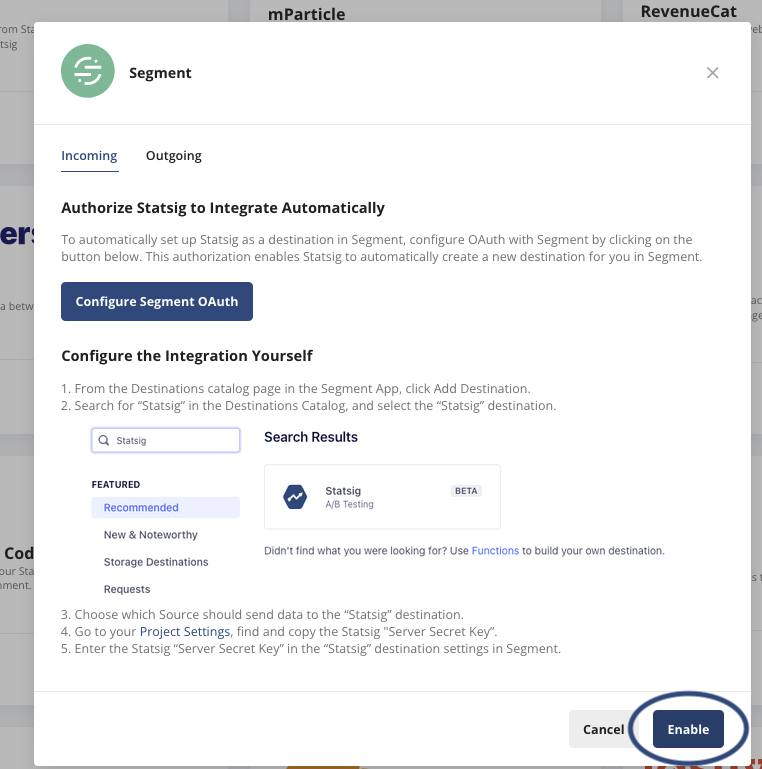 Statsig Segment integration enable toggle