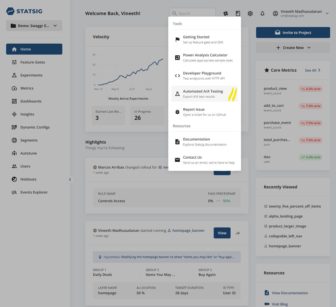 A/A test results table showing statistical significance percentages