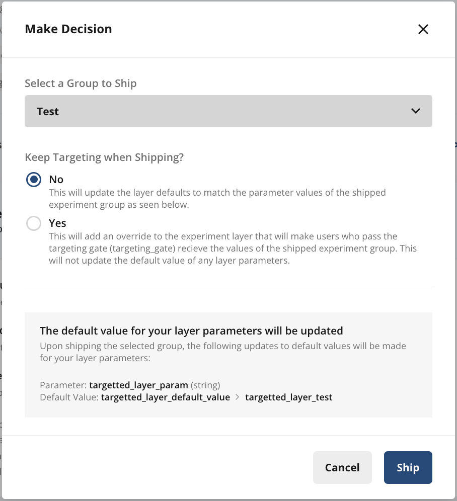 Targeted layer parameter default switching to control value when targeting disabled