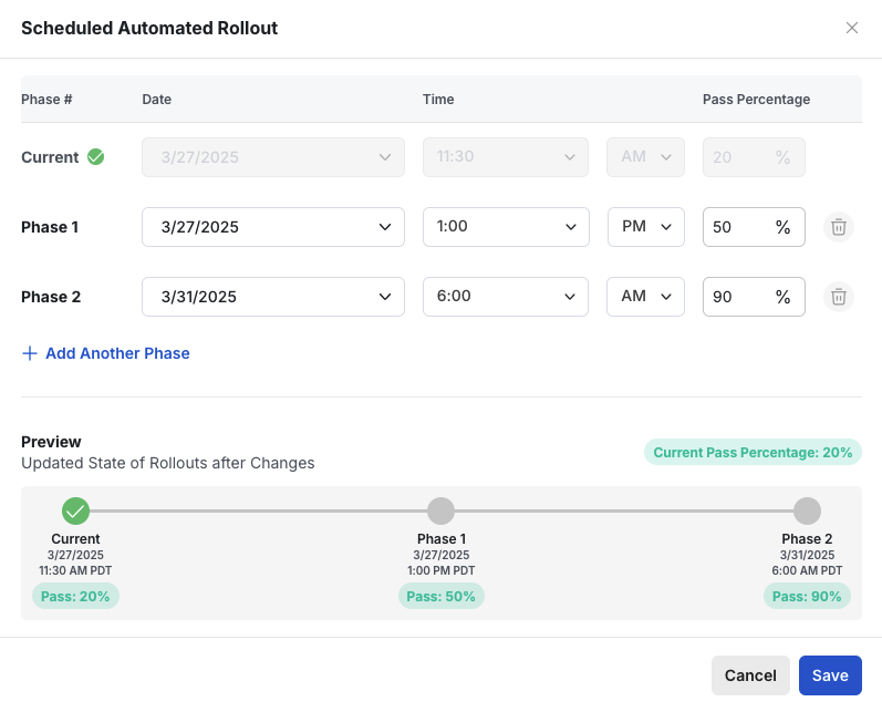 Automated rollout phases configuration dialog