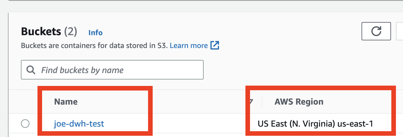 AWS S3 console showing bucket regions and names
