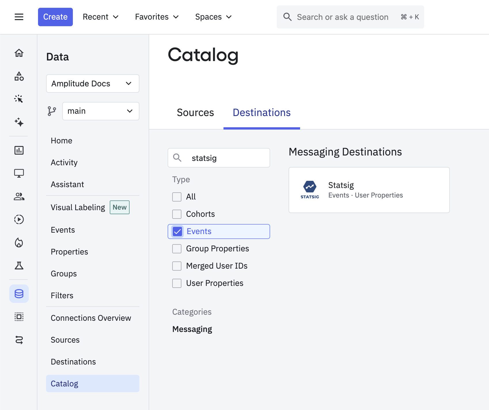 Destinations catalog highlighting Statsig event streaming option