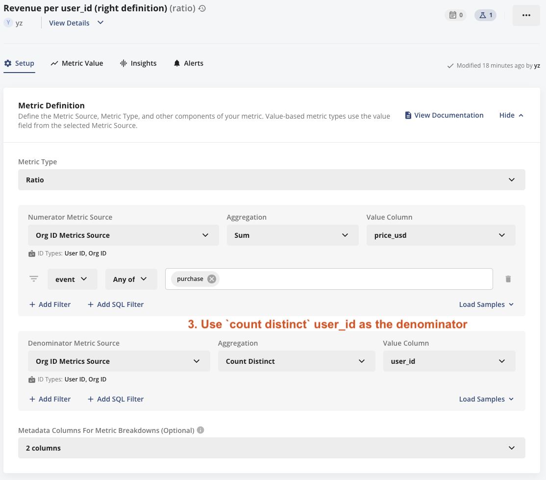 Metric definition screenshot showing revenue per user_id formula