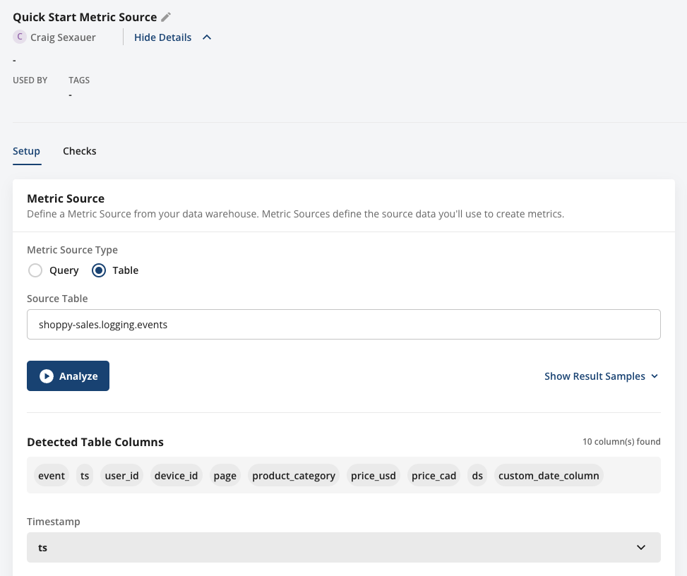Metric source configuration mapping timestamp and user ID