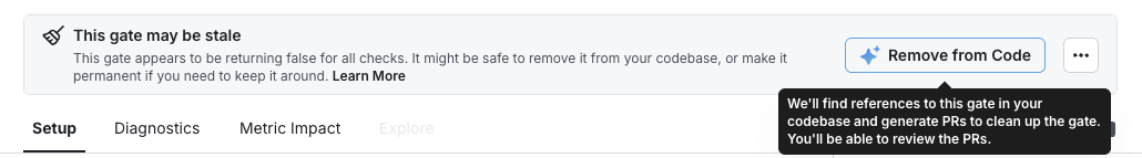 An example of Remove from Code in a stale gate banner
