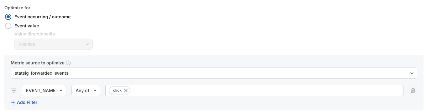 Optimization settings screen choosing event outcome and metric source