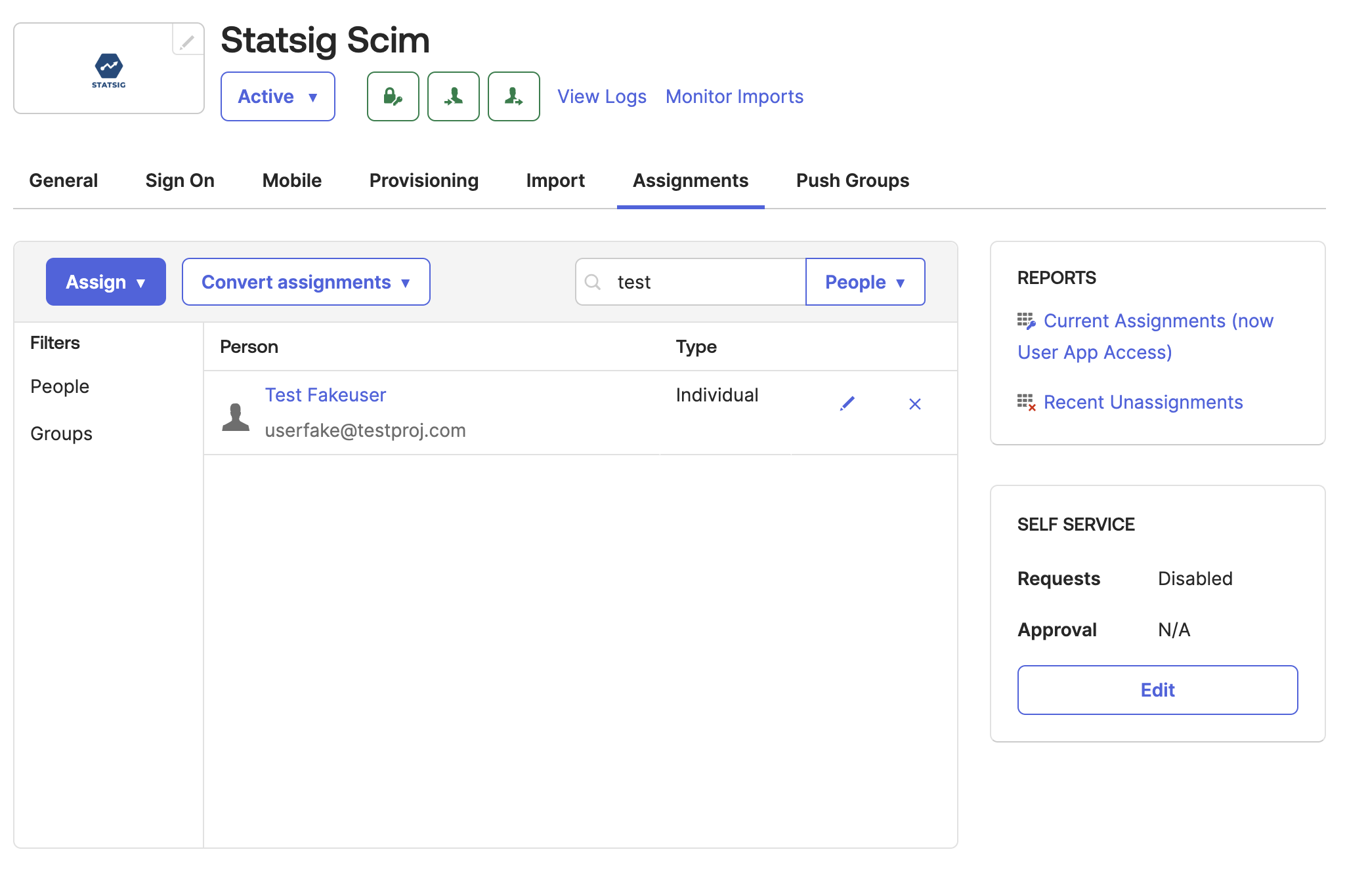 Okta Assignments tab showing Statsig app user assignment controls