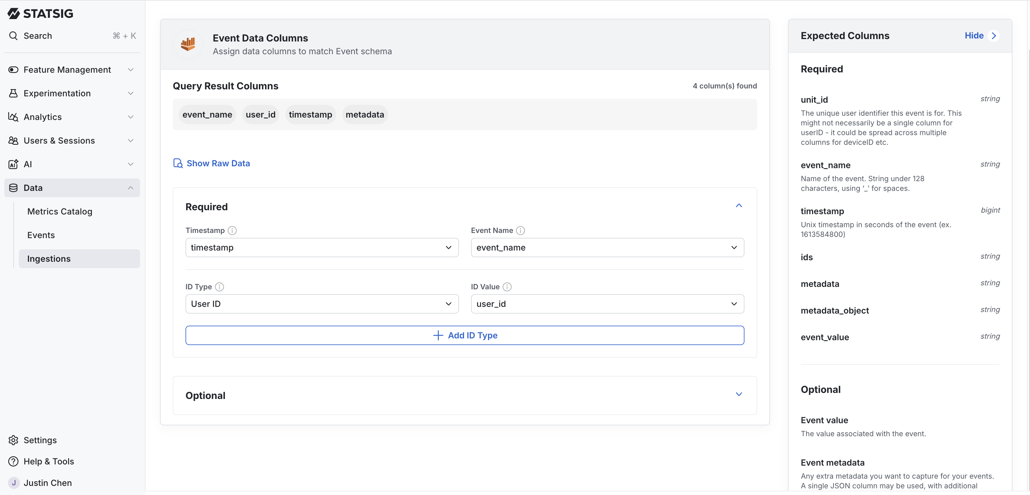 Event data column mapping workflow with required fields for timestamp, event name, and user ID