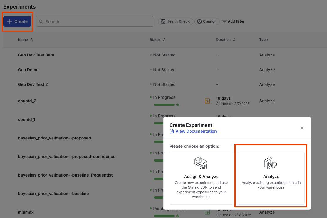 Experiment creation modal with analyze option