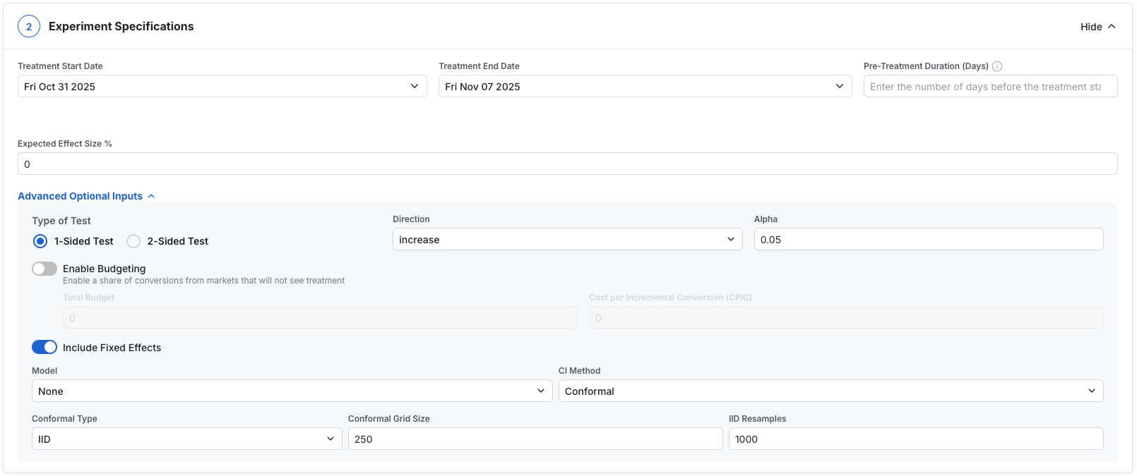 Experiment configuration settings interface