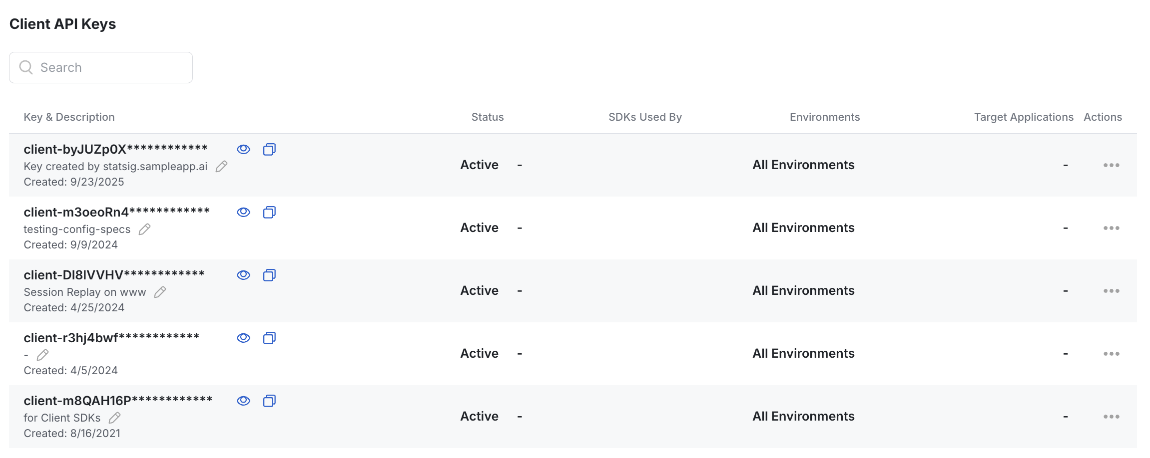 Project settings showing client API key configuration