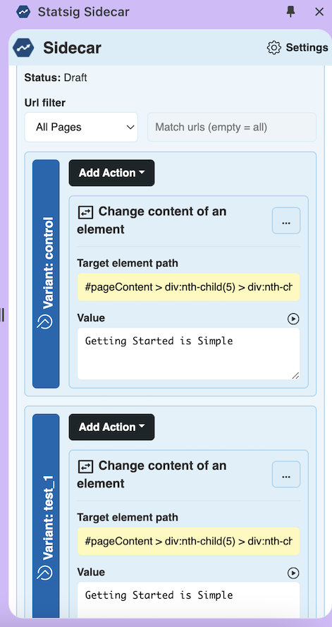 Sidecar A/A test final configuration showing identical variants