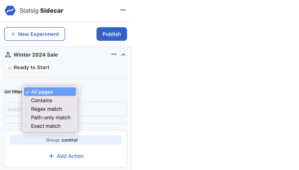 URL targeting configuration interface with filter options