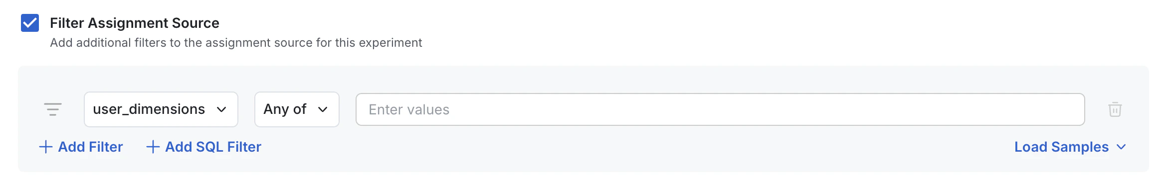 Assignment source filter selection UI