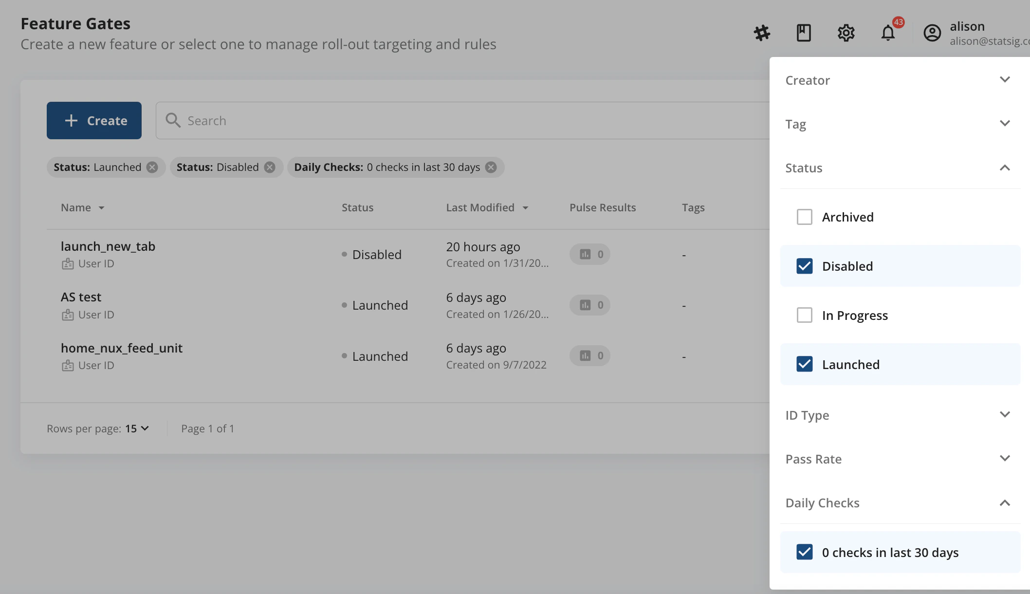 Feature gates catalog with zero checks filter