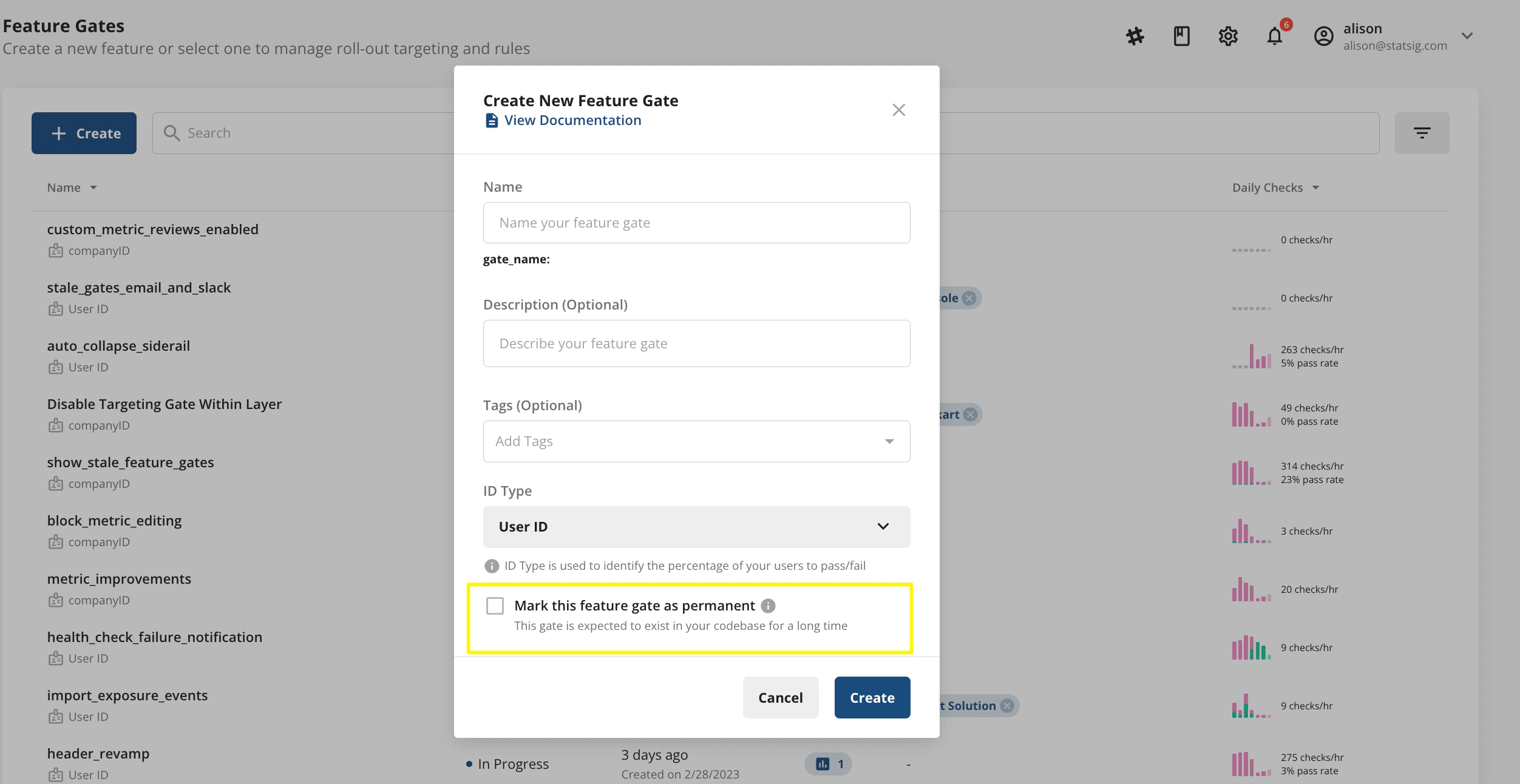 Permanent checkbox in gate creation flow