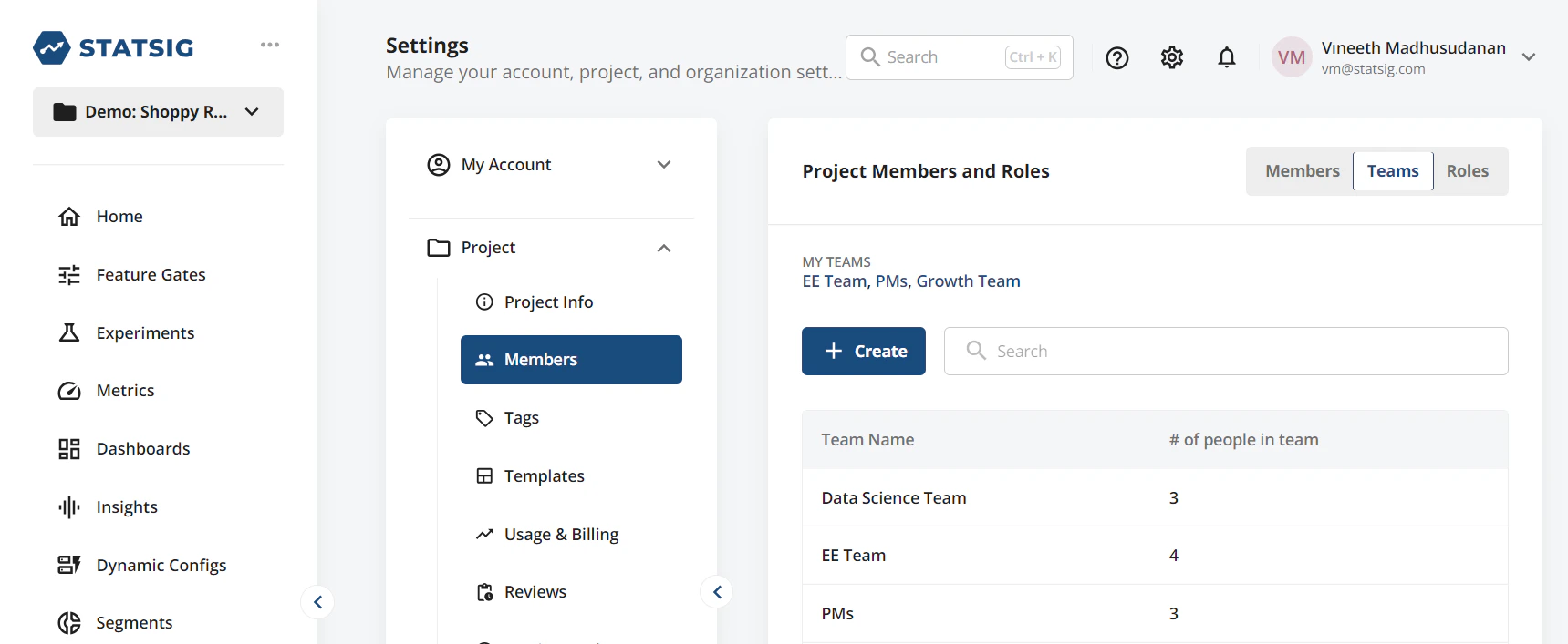 Teams creation interface